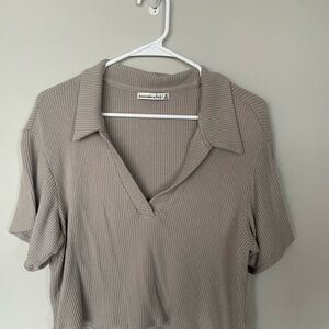 Abercrombie & Fitch Taupe Ribbed V-Neck Polo Tee